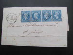 FRANCE 1865 COVER SC 26 STRIP XF  (160)