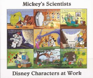 St Vincent - 1996 Disney Mickey Scientists - 9 Stamp Sheet - 19J-028