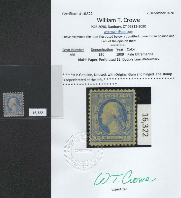 #366 15¢ Blue Paper F-VF OG Hinged SCV $1300 w/ Crowe Cert  (GD 12/9)