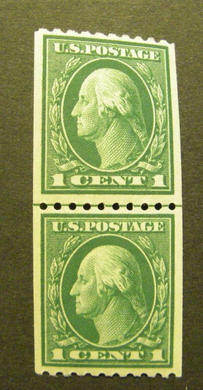 Scott 441, 1c Washington vert coil, LINE PAIR, MNH Beauty