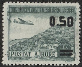 ALBANIA 1953 Sc C61 50q on 5L Mint LH  VF, cv $22.50