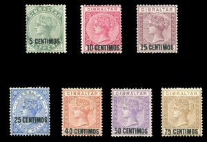 Gibraltar #22-28 Cat$262.50, 1889 Spanish Currency, complete set, hinged