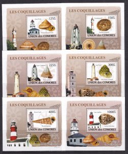 Comoros 2008 Lighthouses  Marine Shells 6 S/Sheets Deluxe Edition MNH