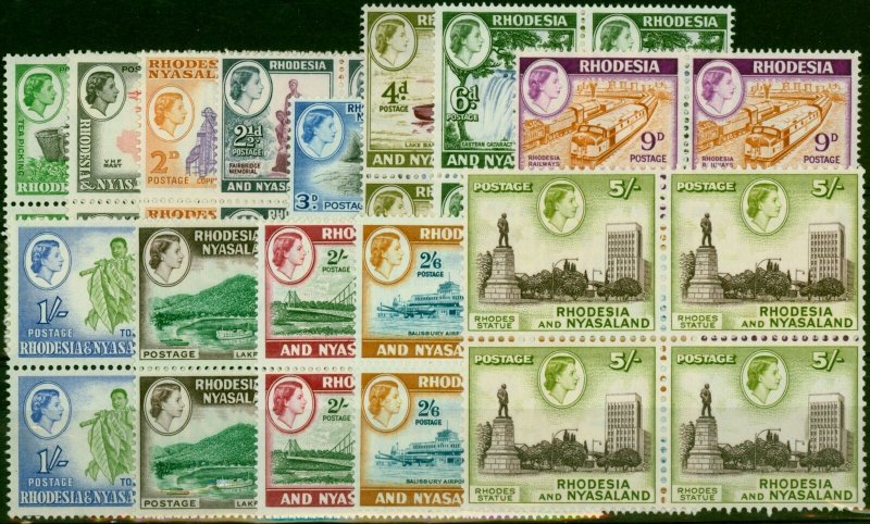 Rhodesia & Nyasaland 1959-62 Set of 13 to 5s SG18-29 V.F MNH & LMM Blocks of 4 