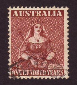 Australia 1951 Sc#229, SG#240 2-1/2d Maroon Cent NSW Stamp USED.