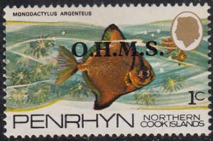 Penrhyn 1978 MH Sc #O1 O.M.H.S. on 1c Monodactylus argenteus Fish