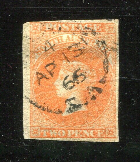 x481 - SOUTH AUSTRALIA QV 2p Orange Imperf. Used 1866. Signed Richter