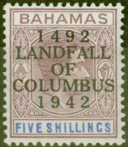 Bahamas 1942 5s Reddish-Lilac & Blue SG174var Apostrophe Flaw Fine Very Light...