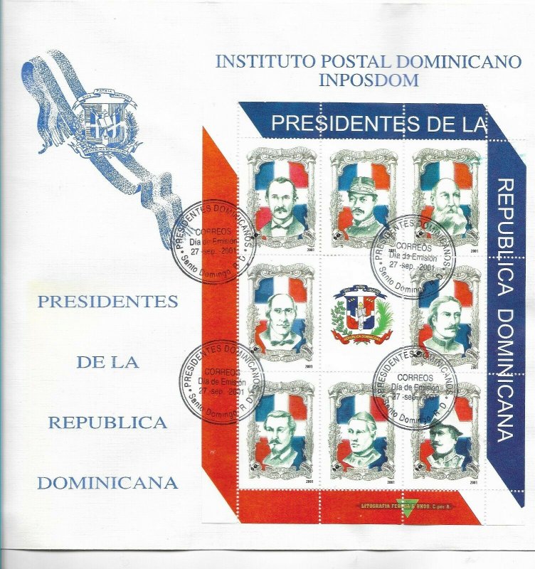 DOMINICAN REPUBLIC 2001 PRESIDENTS MINIATURE SHEET ON FIRST DAY COVER FDC COAT