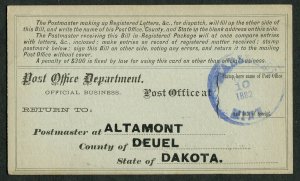 1882 Dakota Territory Registry Bill Altamont to Marshall MN Burchard Mail