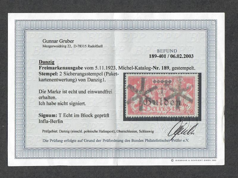 Danzig Mi#189 Used, Security Stamps Expertized Cert.