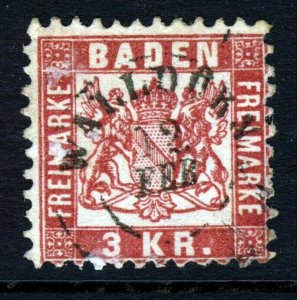 BADEN GERMANY 1868 3 Kreuzer Rose Perf 10 SG 41 VFU