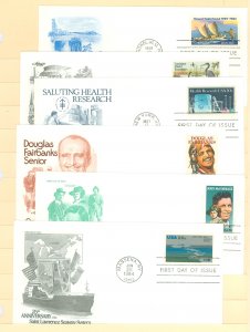 US 2080/2091 1984 6 different FDCs. U/A. Artmaster cachets. Hawaii Statehood. Louisiana World Expo., Health Research. Performing