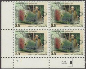 1999 Frederick L. Olmsted Plate Block of 4 33c Postage Stamps, Sc# 3338, MNH, OG