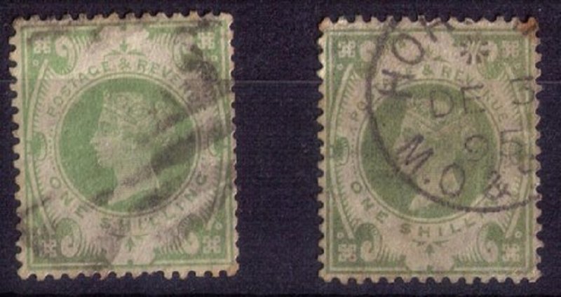 Great Britain Scott #122 (x 2),(Sg 211)Used One Shilling Green Cat.$130