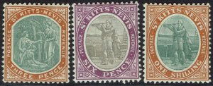 ST KITTS NEVIS 1903 COLUMBUS AND MEDICINAL SPRINGS 3D 6D AND 1/- WMK CROWN CA