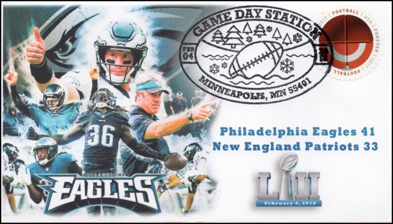 18-043, 2018, Game Day, LII, Eagles, Patriots, Pictorial Postmark, Event Cover,