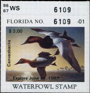 FLORIDA #8 1986 STATE DUCK STAMP CANVASBACKS  by Robert Steiner