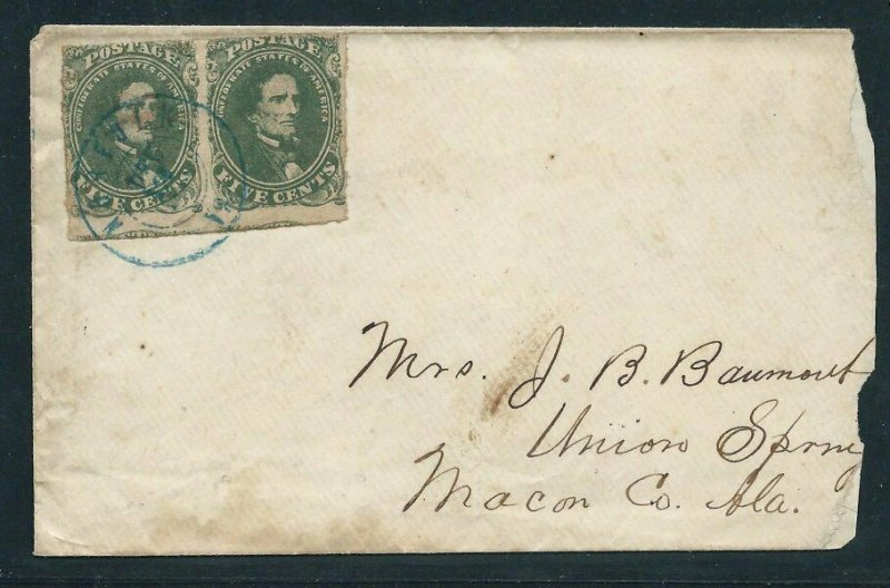 CSA #1, PAIR ON COVER TIED WITH BLUE CIRCULAR DATE STAMP -  SCV: $500.00