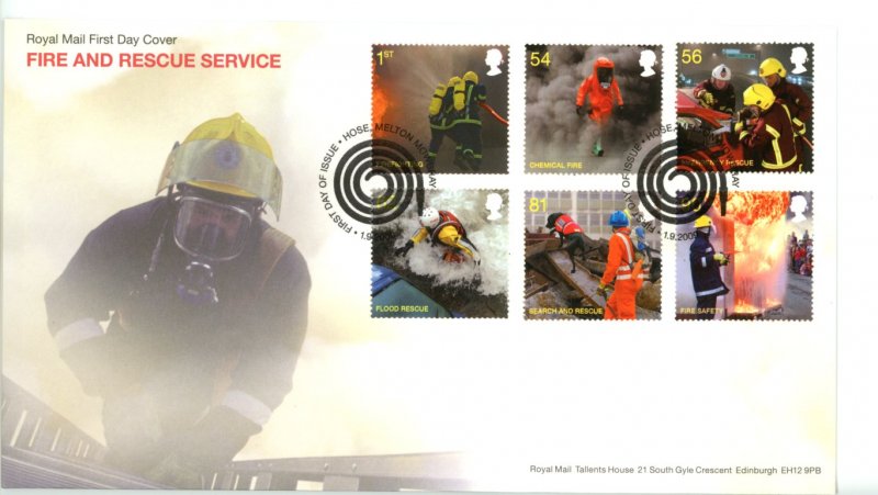 Great Britain 2009 FDC  Fire and Rescue Service Fire Hose Cancel Sc# 2680-85