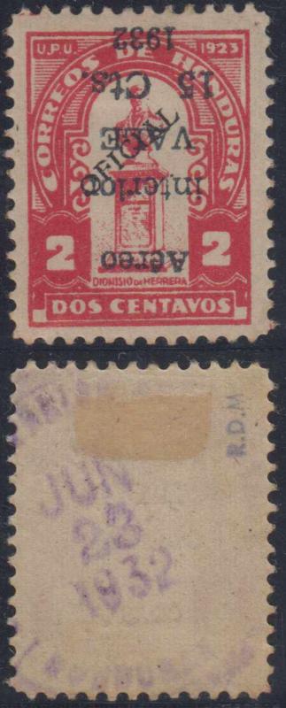 HONDURAS 1932 AIRPOST Sc C73b INVERTED SURCHARGE HINGED MINT F,VF