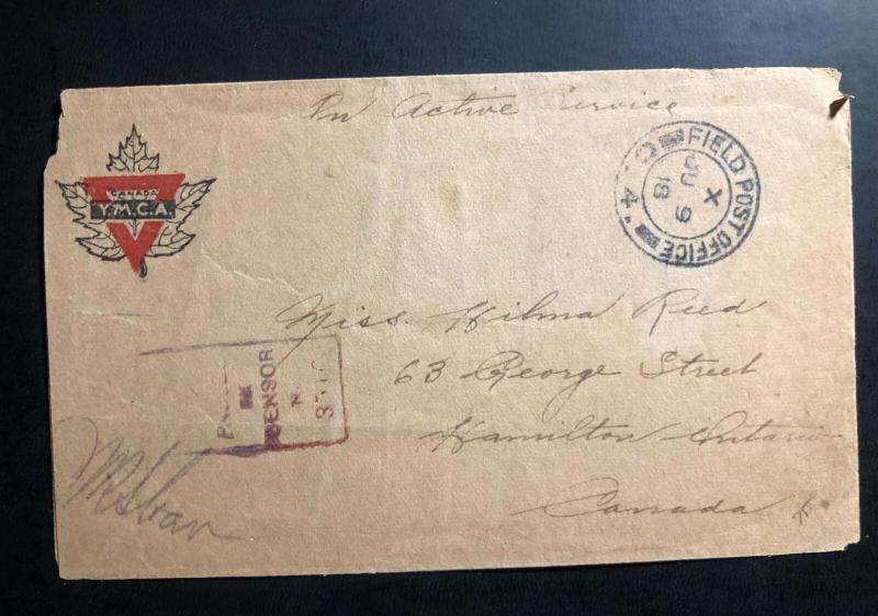 1918 Fieldpost Canada On Active Service Censored YMCA WW1 Cover to Hamilton