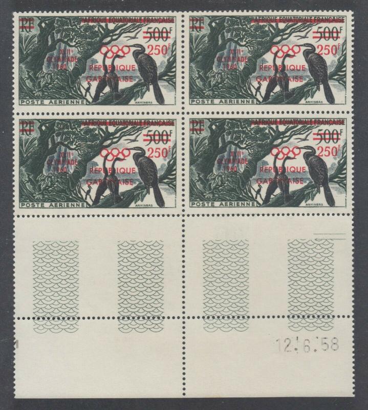 Gabon, Sc C3 MNH.1960 red Olympic Air Mail Surcharge, sheet margin block of 4