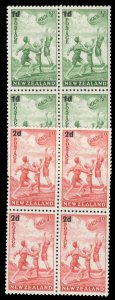 New Zealand #B14-15 Cat$40, 1939 Surcharges, set of two in blocks of four, ne...