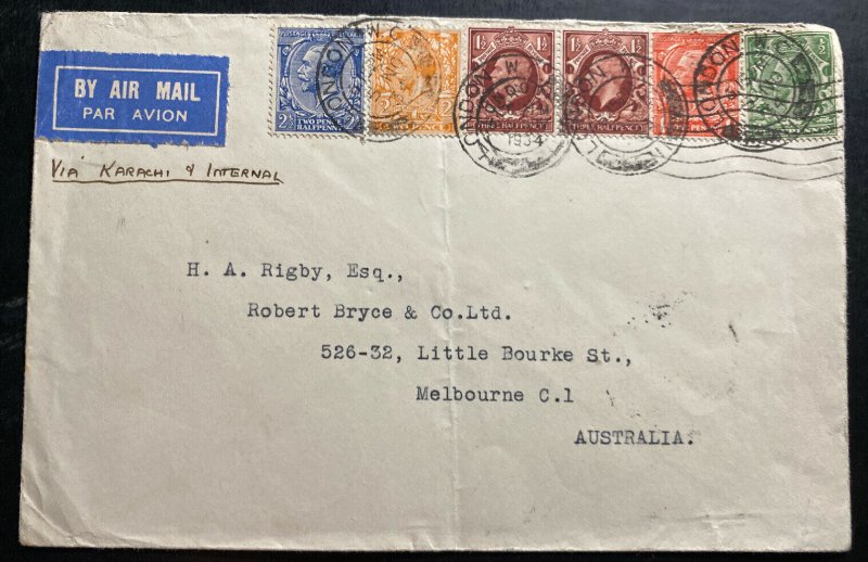 1934 London England Colorful Airmail Cover To Melbourne Australia Via Karachi 