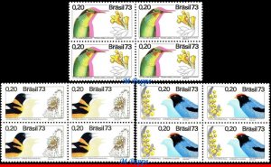 1284-86 BRAZIL 1973 BIRDS, HUMMINGBIRD, FLOWERS, MI# 1368-70 C-781-83 BLOCKS MNH