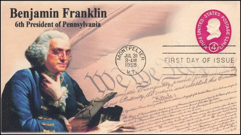 AO-U536, 1958, Benjamin Franklin, Postal Stationary. 4 cent, Add-on Cachet, Firs