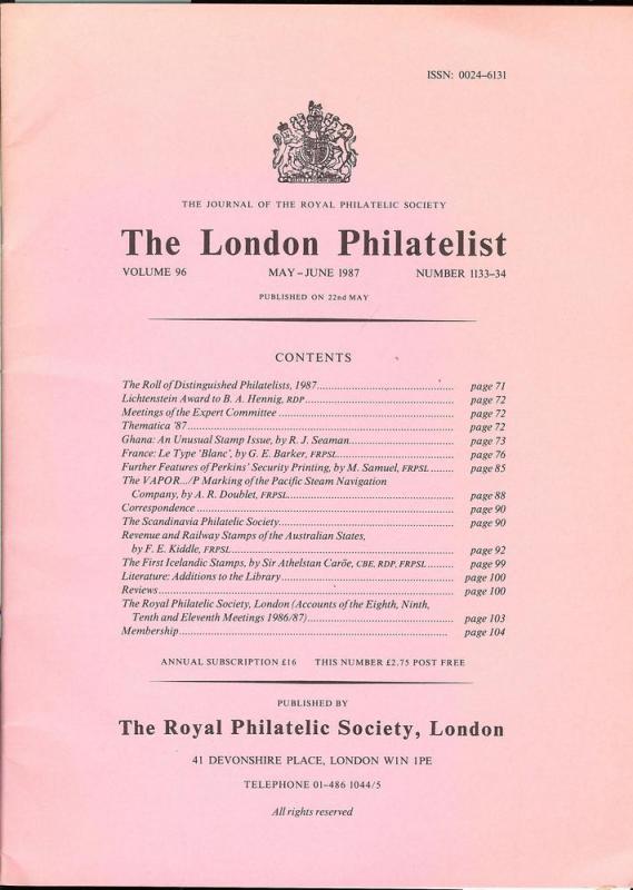 The London Philatelist: Vol. 96, Number 1133-34,