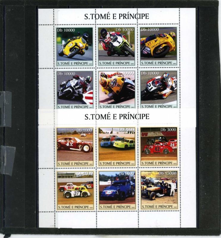 ST.THOMAS & PRINCE 2003 RACING CARS & MOTORCYCLES 2 SHEETS OF 6 STAMPS MNH 