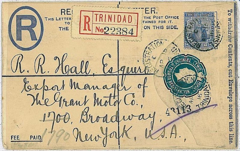 25258 - TRINIDAD & TOBAGO - POSTAL STATIONERY COVER to USA arrival cancel 1916