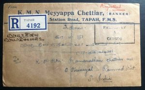 1939 Tapah Malaya Perak Registered Commercial Cover To India