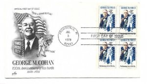 1756 George M Cohan, Performing Arts, ArtCraft block of 4 FDC