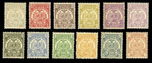 Transvaal #123-134 Cat$118, 1885-93 1/2p-10sh, complete set, hinged