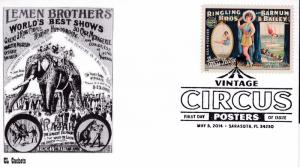 United States 2014 Vintage Circus Posters (8) on First Day Covers B&W CL Cachet