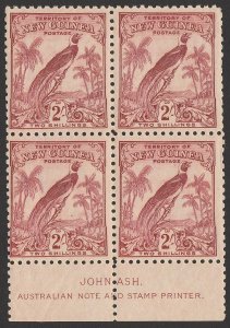 NEW GUINEA 1932 Undated Bird 2/- dull lake Ash imprint block. MNH **.