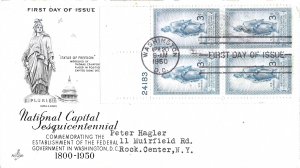 1950 FDC, #989, 3c National Capital 150th, Art Craft, plate block of 4