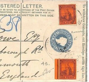 TRINIDAD QV Registered Letter Postal Stationery Cover Plymouth {samwells}GG1