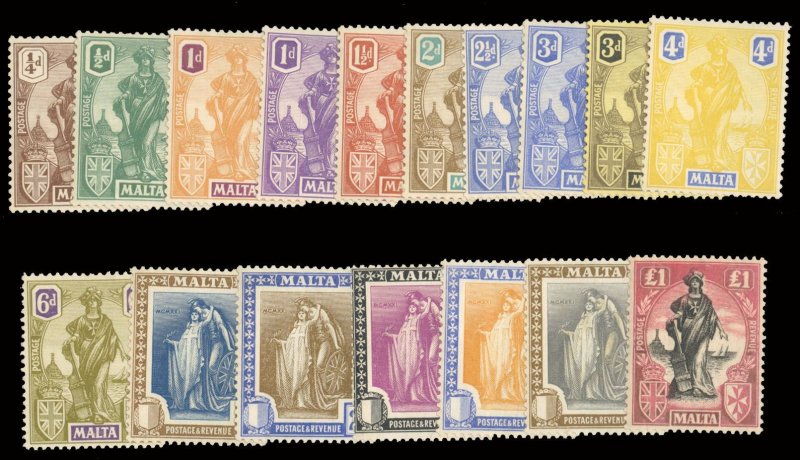 Malta 98-114, $351.75, 1922-26 1/4p-£1, complete set, hinged