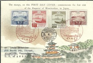 Japan: 1935 1st Visit Emperor Manchukuo FDC, Karl Lewis Hand Painted (hs830)