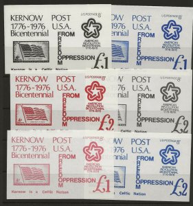 GB Cinderella Cornwall (Kernow)  labels 6 different for US Bi-Centenary MNH