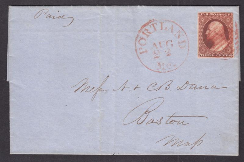 US Sc 10A on 1851 cover Portland-Boston, red CDS & grid, XF