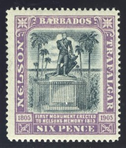 Barbados 1906 Nelson Centenary 6d black & mauve MLH. SG 150. Sc 107.
