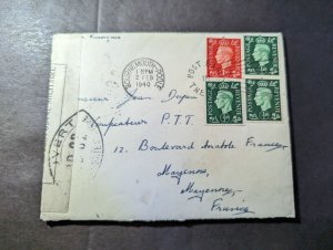 1940 Censored England Cover Bournemouth Poole to Mayenna France