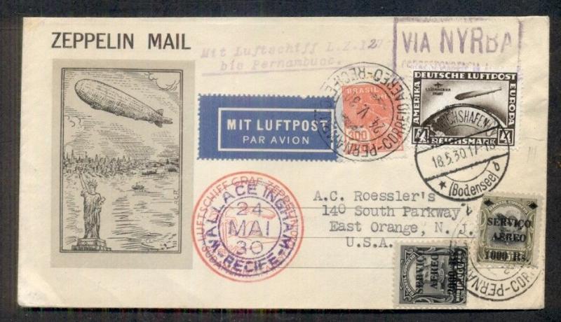 GERMANY/BRAZIL/U.S. Combo Franking, 1930 So. America Zepp Flight w/#C39 Roessler 