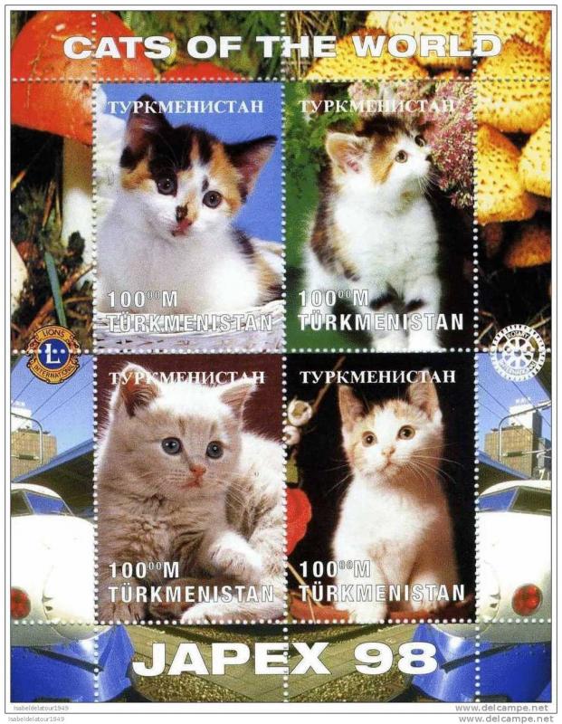 Turkmenistan 1998 CATS LIONS & ROTARY Emblem JAPEX'98 s/s Perforated Mint (NH)