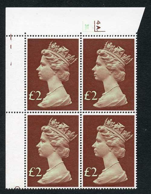 SG1027 1977 2 Pounds u/m cyl block of four 4A3B no dot (Kampf perf) Scarce